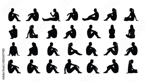 People sitting silhouettes collection isolated on white background, Vector