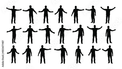 Collection of standing male silhouettes with outstretched arms isolated on white background, Vector