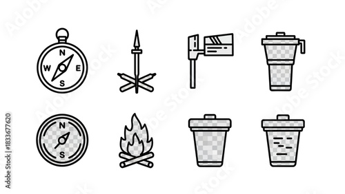 Camping and Outdoor Adventure Icons - Compass, Fire, Axe, and Water Bottle.