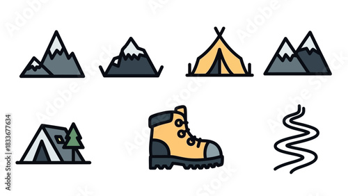 Camping and Hiking Icons - Mountains, Tents, Boot, and Winding Path.