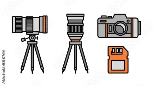 Camera Equipment - Tripods, Camera, and SD Card Illustration.