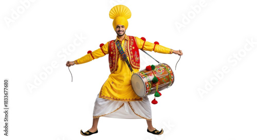Sikh man in traditional dress holding a drum and dancing the bhangra isolated PNG with Transparent Background