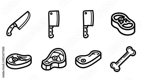 Butchery Icons - Knife, Cleavers, Steaks, and Bone in Outline Style.