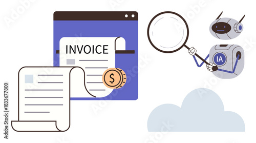 Digital invoice on a screen, robotic AI assistant examining data with magnifying glass, and cloud storage. Ideal for finance, AI, data analysis, automation, cloud computing, billing technology