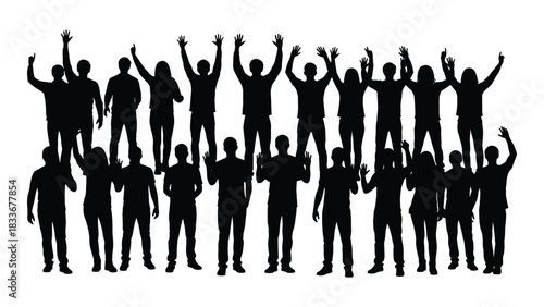 Diverse group of people silhouettes cheering isolated on white background, Vector