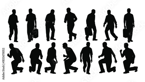 Male silhouettes in various poses isolated on white background, Vector
