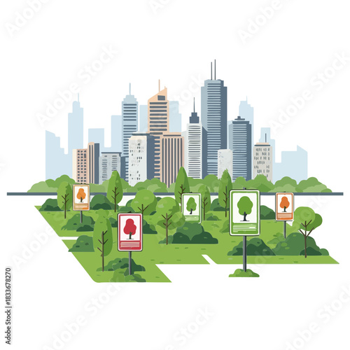 Strategic urban green space planning illustration depicting diverse trees and dedicated parks for environmental sustainability within a modern city skyline
