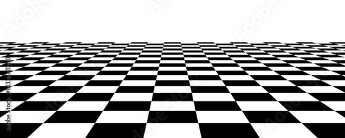 Checkerboard floor in perspective. White and black checkered tile pattern background. Retro horizontal chess board grid plane surface. Vector vintage empty room stage checker floor