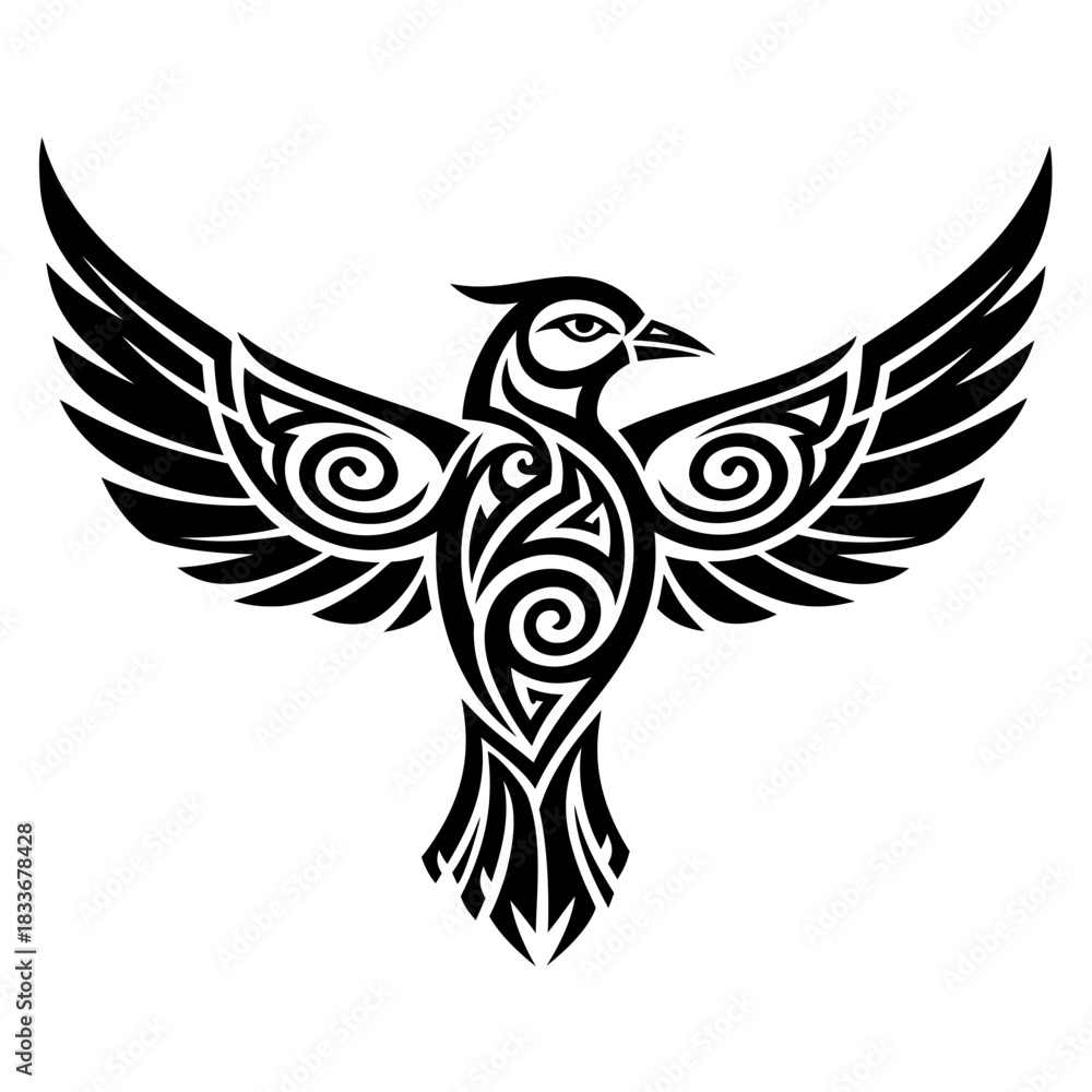 Fototapeta premium Tribal tattoo style phoenix bird illustration with outstretched wings, black and white design