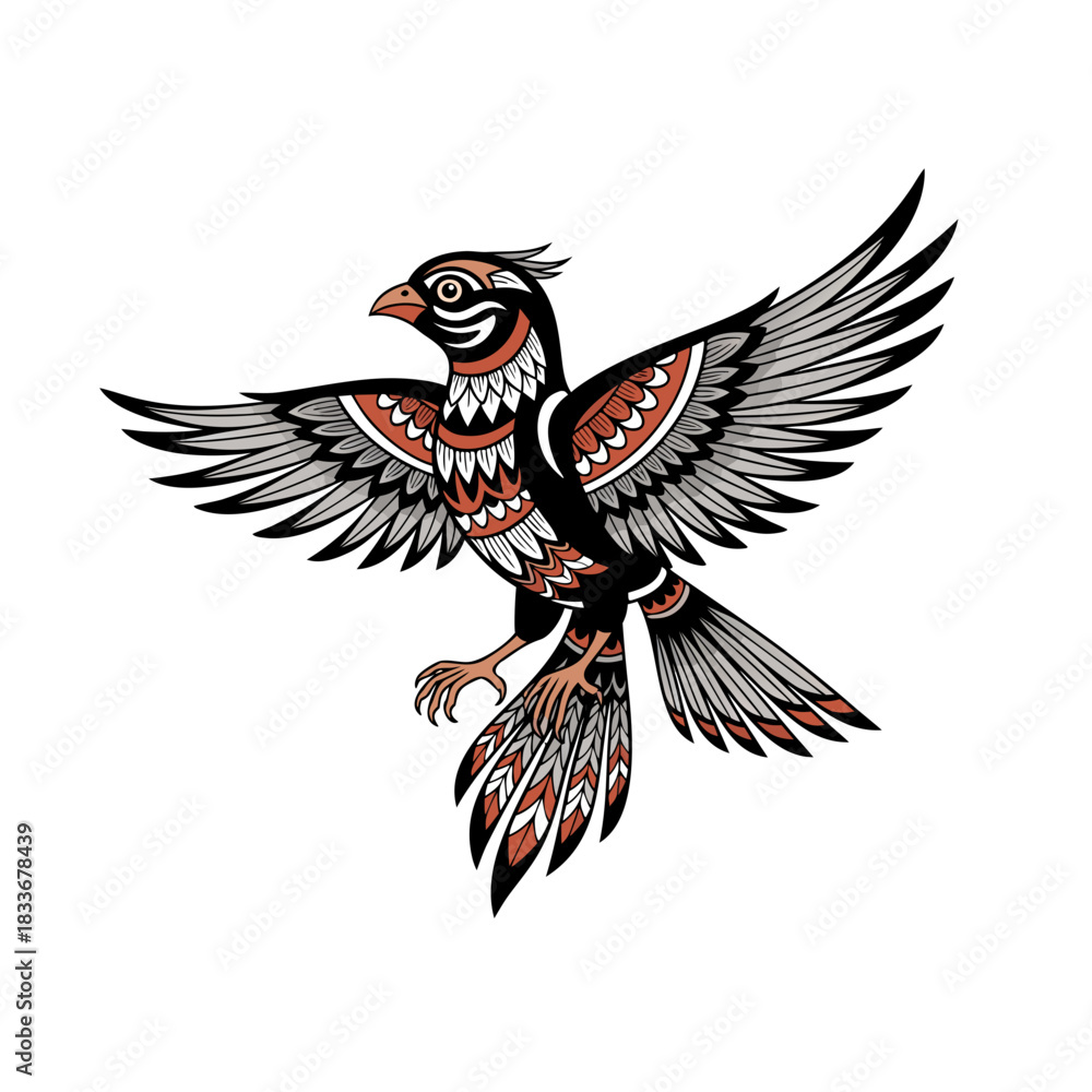 Fototapeta premium Tribal Patterned Bird in Flight with Outstretched Wings and Colorful Feathers