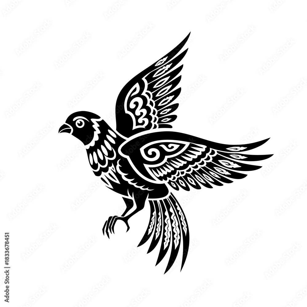Obraz premium Decorative illustration of a bird in flight with ornamental details, celebrating freedom and nature's beauty