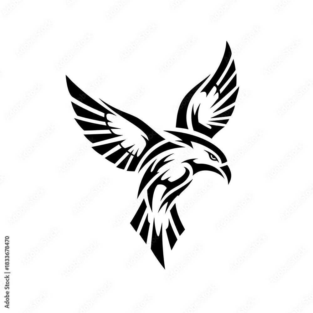 Obraz premium Tribal Tattoo Style Hawk or Eagle Bird in Flight with Wings Spread Wide Open Vector Graphic
