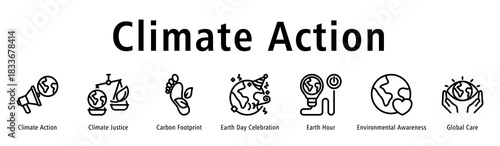 Climate Action web banner icon vector illustration with icons of Climate Action, Climate Justice, Carbon Footprint, Earth Day Celebration, Earth Hour, Environmental Awareness, and Global Care.