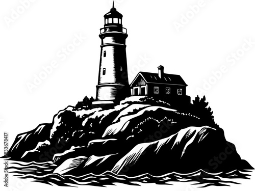 Coastal Lighthouse on Rocky Island Silhouette Vector