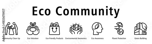 Eco Community web banner icon vector illustration with icons of Community Clean Up, Eco Volunteer, Eco-Friendly Products, Environmental Awareness, Eco Awareness, Planet Protection, and Green Building