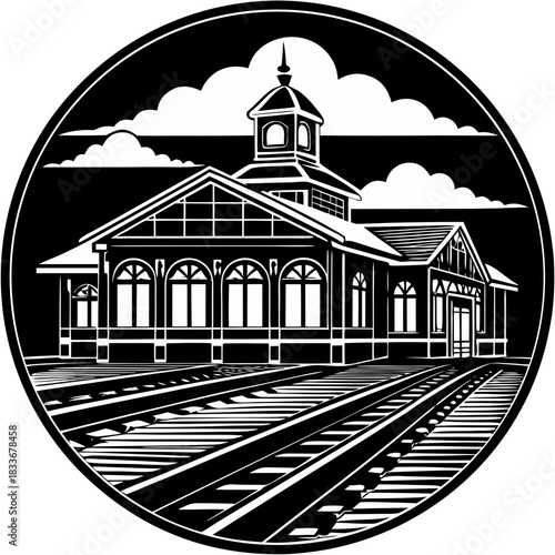 Vintage Railway Station Train Tracks Circular Silhouette
