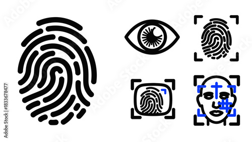 Biometric Identification Icons - Fingerprint, Eye Scan, and Facial Recognition.