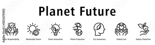 Planet Future web banner icon vector illustration with icons of Our Responsibility, Renewable Future, Green Innovation, Planet Protection, Eco Awareness, Global Care, and Nature Protection.