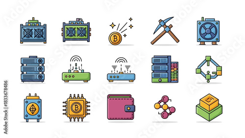 Bitcoin Mining Equipment and Cryptocurrency Technology Icons Set.