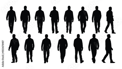 Silhouettes of walking men isolated on white background, Vector