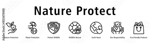 Nature Protect web banner icon vector illustration with icons of Nature Protection, Planet Protection, Protect Wildlife, Wildlife Rescue, Earth Heart, Our Responsibility, and Eco-Friendly Products.