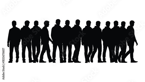 Group of men walking silhouettes isolated on white background, Vector