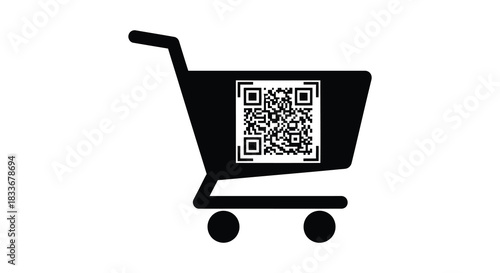 a black shopping cart icon with a qrcode inside a modern digital purchase representation silhouette