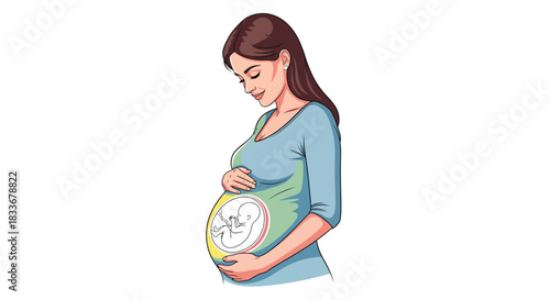 Pregnant woman holding her belly with a fetus illustration.