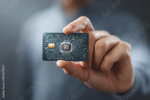 Wallpaper Mural Businessman hand holding credit card with microchip. concept of finance technology, secure business payment, cybersecurity, and fraud detection Torontodigital.ca
