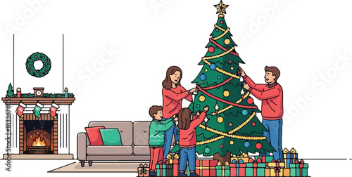 A family of three decorating a Christmas tree together in a cozy living room with a fireplace and presents.