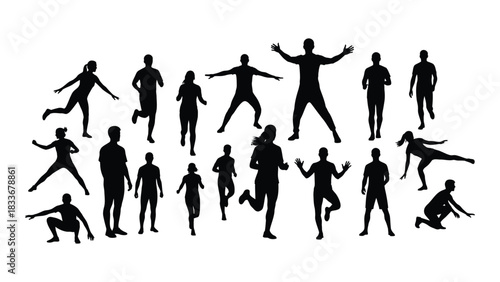 People in various active poses silhouettes isolated on white background, Vector