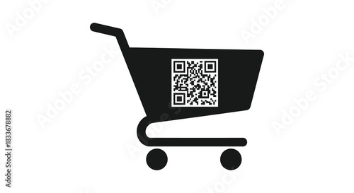 a simple black shopping cart icon with a qr code in the center silhouette