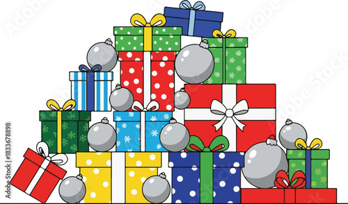 Colorful pile of wrapped Christmas presents with bows and ribbons on a plain white background.