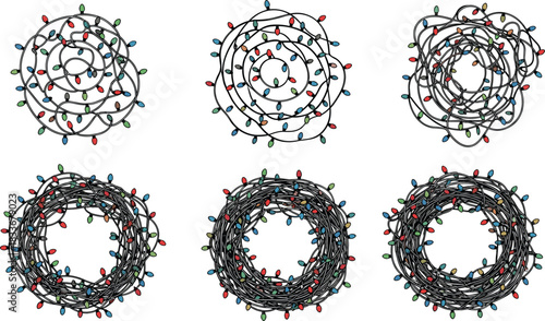 Six circular arrangements of tangled colorful Christmas lights on white background