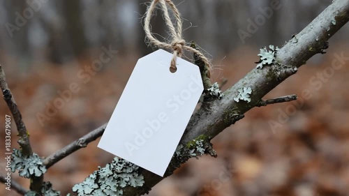 Blank White Tag Swinging Gently on a Mossy Tree Branch in a Quiet, Autumn Forest Setting