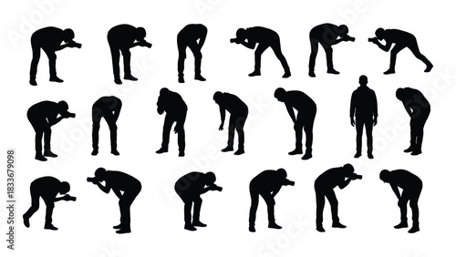 Photographer and bending people silhouettes set isolated on white background, Vector