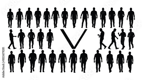 Male silhouettes in various poses with a v-shape isolated on white background, Vector