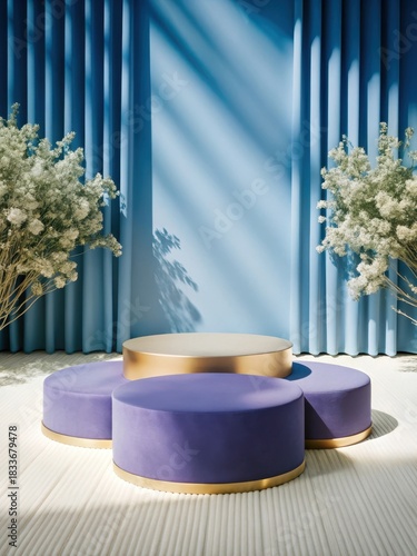 Elegant purple podium takes center stage on a serene pastel background
