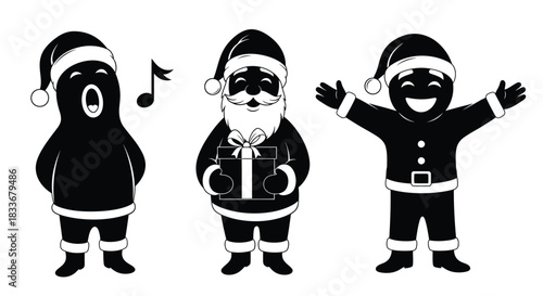Three black and white festive characters with santa hats sing and celebrate