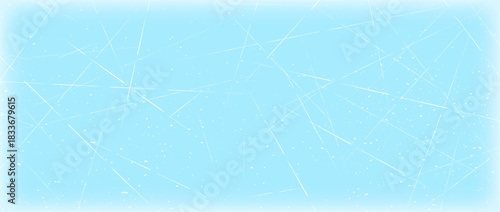 Scratched ice surface texture. Light blue ice background with skate scratches, traces, cracks. Rough winter sport rink backdrop. Frozen lake or pond water wallpaper with dots, spot and lines. Vector