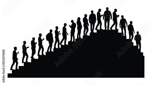 Silhouettes of people climbing stairs while using smartphones isolated on white background, Vector