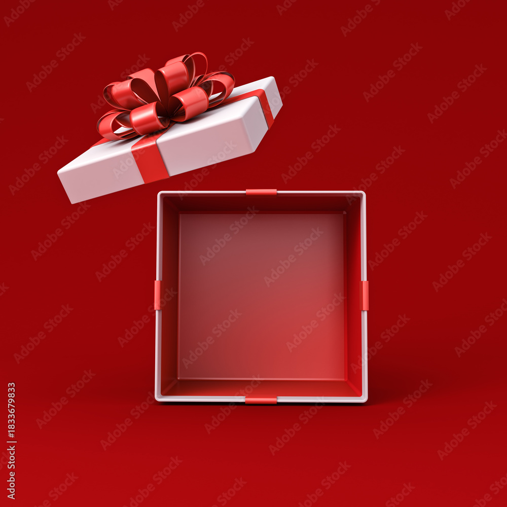 Obraz premium Blank white gift box mockup exhibition booth stand open or opened present box tied with red ribbon bow isolated on dark red background with shadow minimal creative idea conceptual 3D rendering