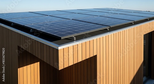 Rooftop Solar Panels on Modern Wooden House Sustainable Green Energy Architecture.