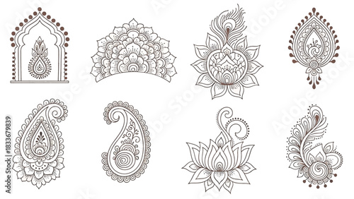 Elegant Mehndi Vector PNG with multiple henna motifs in classic brown line art