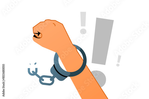 illustration of raised fist breaking free from shattered handcuffs. freedom, liberation, human rights, social justice, independence, breaking limitations. for activism or empowerment campaigns