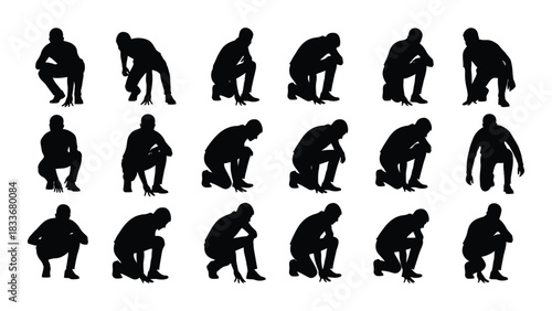 Men squatting and crouching silhouettes set isolated on white background, Vector