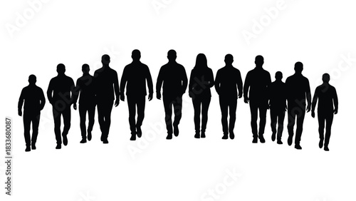 Diverse group of walking people silhouettes isolated on white background, Vector