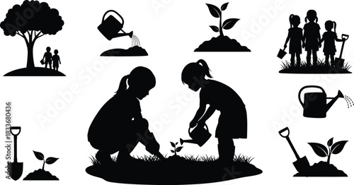 Gardening and environmental care silhouette illustration set, teamwork and nature stewardship poses, outdoor activity vector, black and white graphic