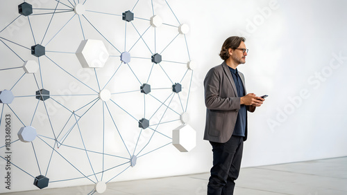 Automated Marketing Tools Man with smartphone stands beside a geometric network diagram on a white wall.
