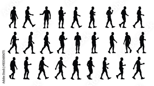 Collection of male silhouettes in various poses isolated on white background, Vector